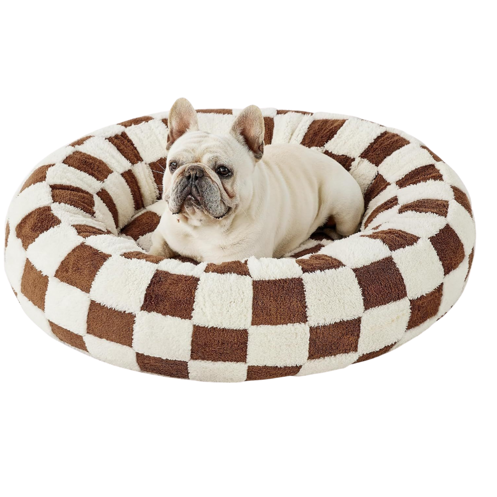 Nid rond en coton pour chien et chat à carreaux marron – MUZO